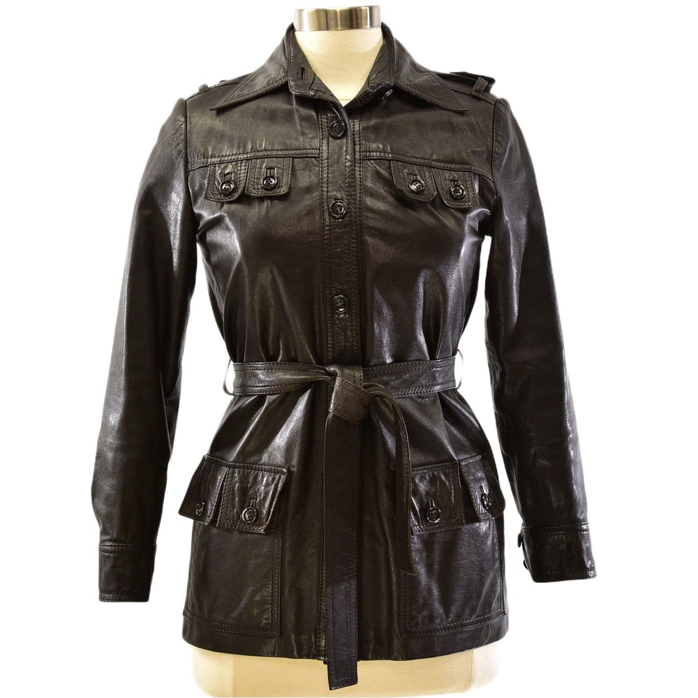 70s Vintage Espresso Brown Leather Safari Jacket Womens XS Western Utility Coat